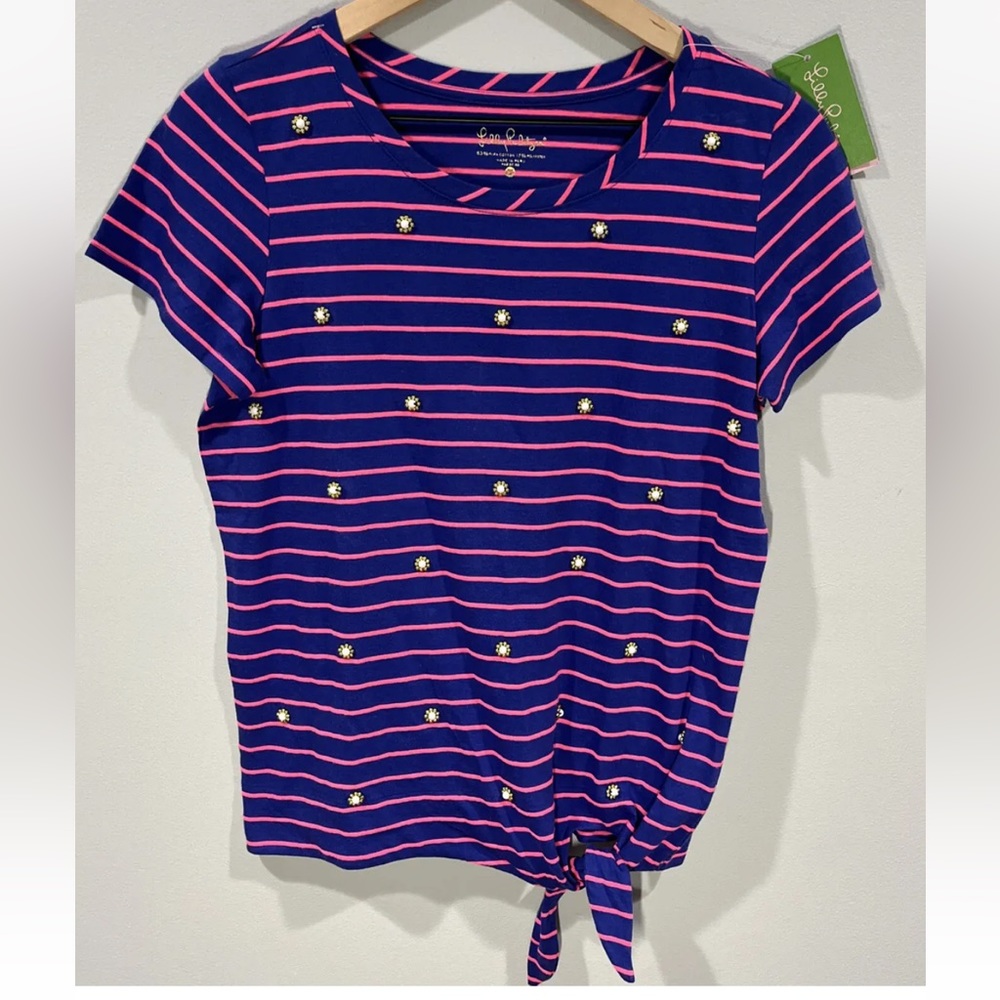 Lilly Pulitzer Kensington Beaded Size M Top ~ True Blue Palm Stripe Shirt